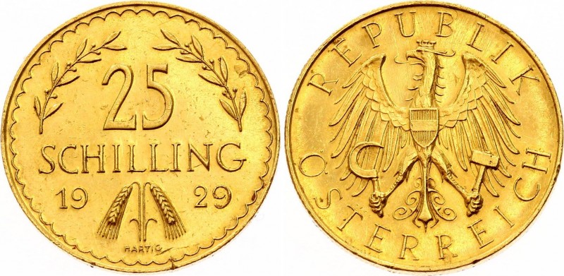 Austria 25 Schilling 1929
KM# 2841, Fr# 521; Gold (.900), 5.88g. Mintage 243,26...