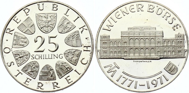 Austria 25 Schilling 1971 Proof
KM# 2910; WIENER BÖRSE 1771-1971.