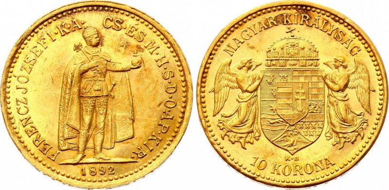 Hungary 10 Korona 1892 KB - Kremnitz
KM# 485; Franz Joseph I; Gold (.900), 3.39...