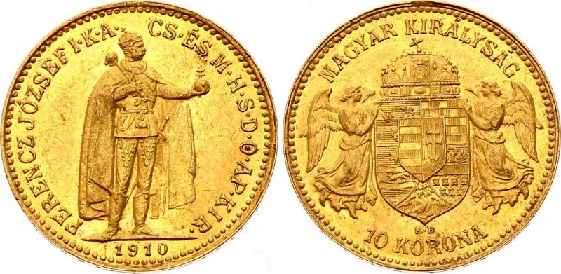 Hungary 10 Korona 1910 KB - Kremnitz
KM# 485; Franz Joseph I; Gold (.900), 3.39...