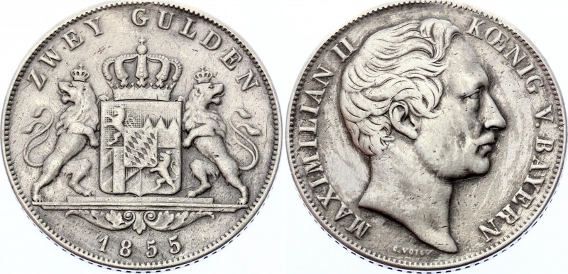 German States Bavaria 2 Gulden 1855
KM# 828; Silver; Maximilian II; Probably Un...