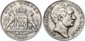 German States Bavaria 2 Gulden 1855
KM# 828; Silver; Maximilian II; Probably Unmounted