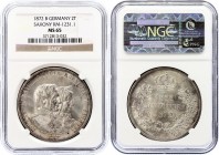 German States Saxony 2 Vereinsthaler 1872 B NGC MS65
KM# 1231.1; Johann Golden Wedding Anniversary. Silver, UNC. Full mint luster, extremely rare in ...