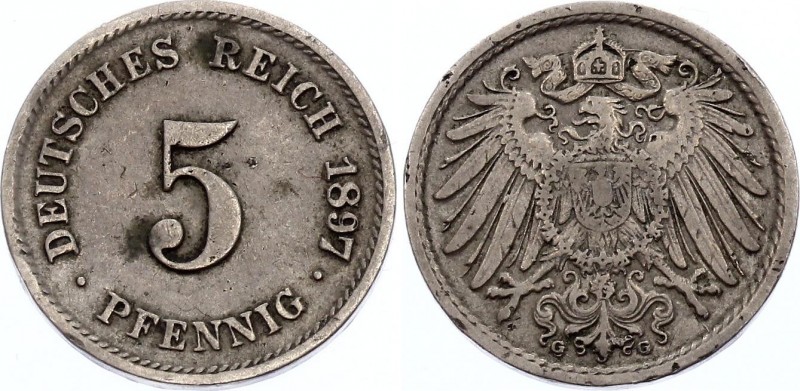 Germany - Empire 5 Pfennig 1897 / 797 G Overstrike! Rare!
KM# 11; Clearly Visib...