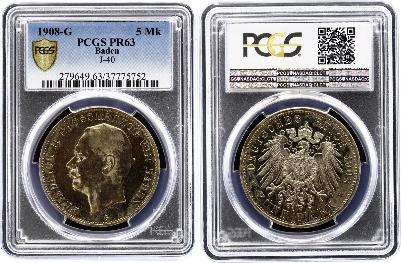 Germany - Empire Baden 5 Mark 1908 G Proof PCGS PR63
KM# 281, Jaeger# 40; Fried...