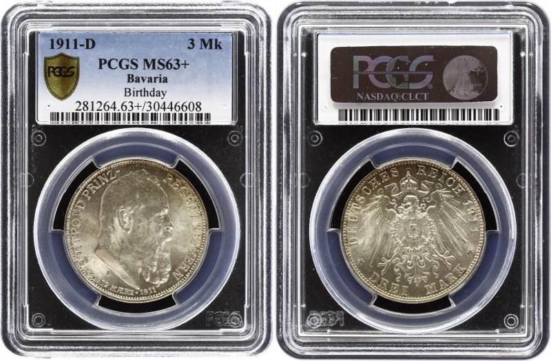 Germany - Empire Bavaria 3 Mark 1911 D PCGS MS 63+
KM# 998; Silver; 90th Birthd...