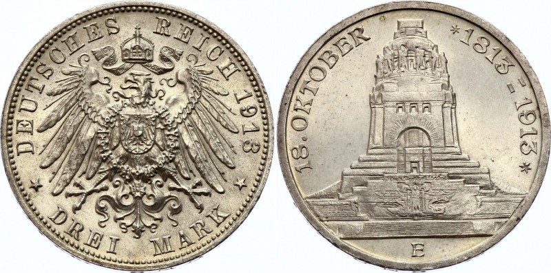 Germany - Empire Saxony 3 Mark 1913 E
KM# 1275; Silver; 100th Anniversary of th...