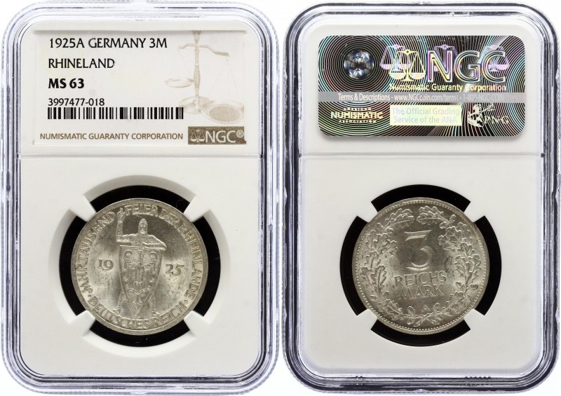 Germany Weimar Republic 3 Mark 1925 A NGC MS 63
KM# 46; Silver; 1000th Year of ...