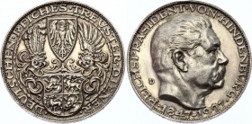 Germany Weimar Republic Medal 1927 D "80th Birthday of Paul von Hindenburg"
X# 1; Silver, 24.61g, 36mm. AUNC. Remains of mint luster.