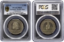 Germany Weimar Republic 3 Reichsmark 1929 E Proof PCGS PR63
KM# 63, Jaeger# 337; 10th Anniversary of the Weimar Constitution. Silver, Proof. PCGS PR6...
