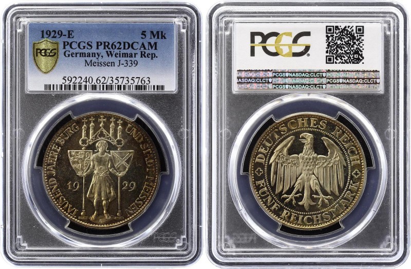 Germany Weimar Republic 5 Reichsmark 1929 E PROOF PCGS PR62
KM# 66; J. 339; Sil...