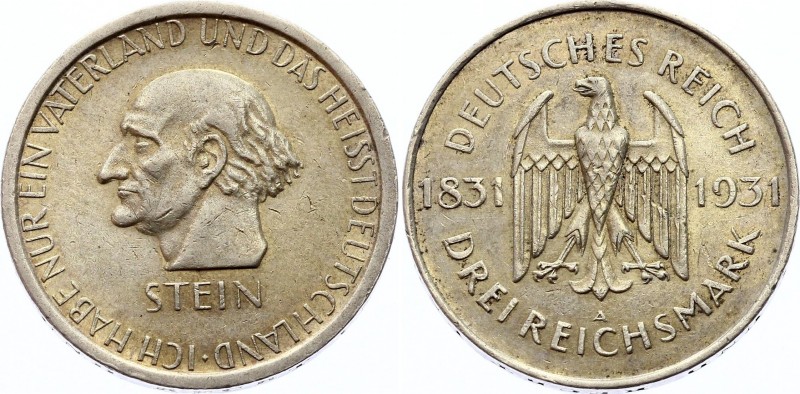 Germany Third Reich 3 Reichsmark 1931 A
KM# 73; Silver; 100th Anniversary - Dea...