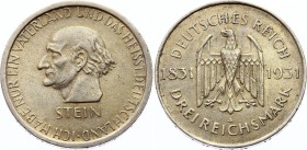 Germany Third Reich 3 Reichsmark 1931 A
KM# 73; Silver; 100th Anniversary - Death of Heinrich vom Stein; XF