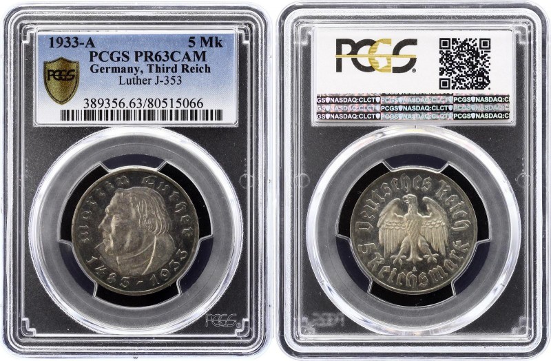 Germany Third Reich 5 Reichsmark 1933 A Proof PCGS PR63 CAM
KM# 80; Jaeger# 353...