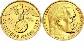 Germany Third Reich 2 Reichsmark 1937 F
KM# 93; Silver; Gold Plated; Paul von Hindenburg