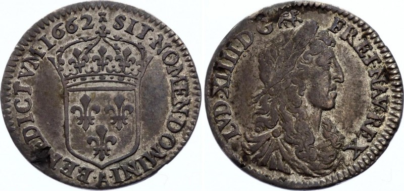 France 1/12 Ecu 1662 A
G# 115; Silver; Louis XIV 1643-1715; Nice Toning; Unmoun...