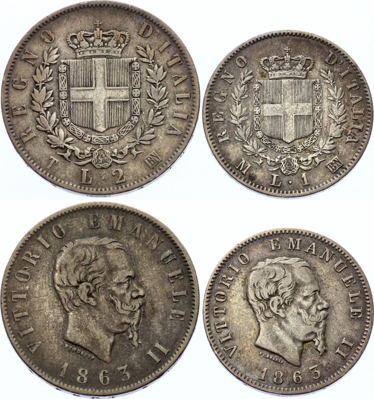 Italy 1 & 2 Lire 1863 BN
KM# 6a.2-15.1; Silver; Vittorio Emanuele II; VF+