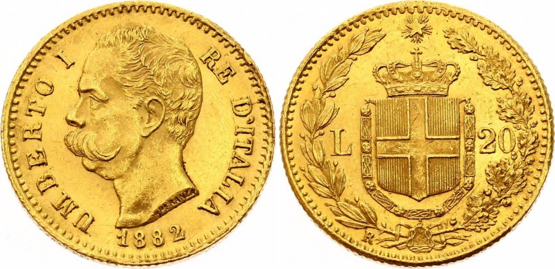 Italy 20 Lire 1882 R
KM# 21; Umberto I. Gold (.900), 6.45g. AUNC