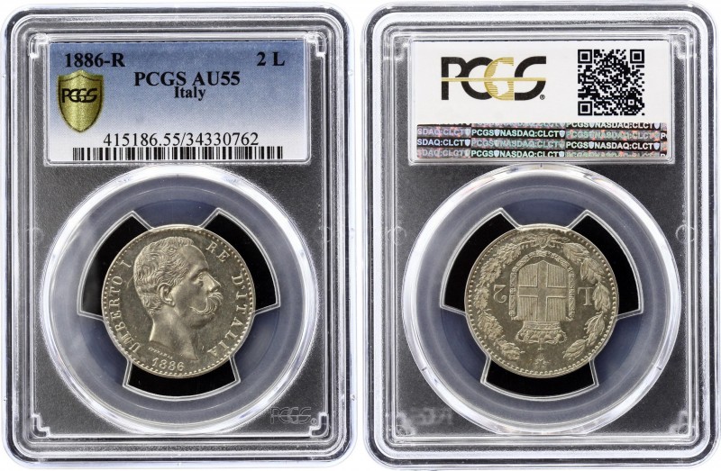 Italy 2 Lire 1886 R PCGS AU55
Umberto I, 1881-1899. KM# 23. Silver, UNC. Full m...