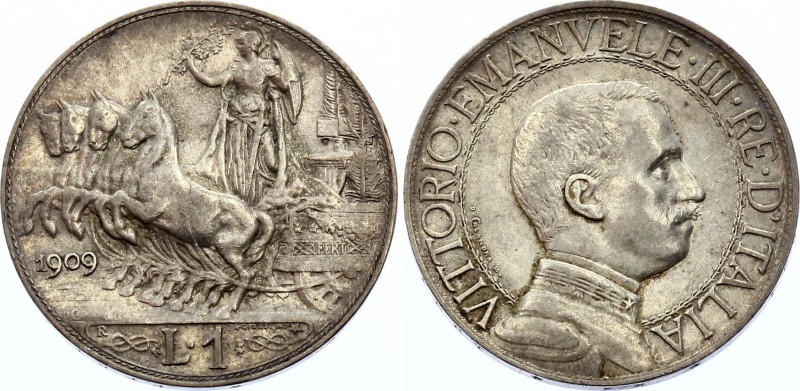 Italy 1 Lire 1909 R
KM# 45; Silver; Vittorio Emanuele III; VF+