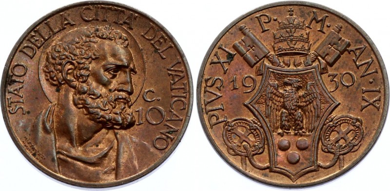 Vatican / Papal States 10 Centesimi 1930
KM# 2; Pivs XI; Amazing Coin with Rema...