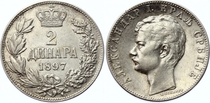 Serbia 2 Dinara 1897
KM# 22; Silver; Aleksandar I; XF