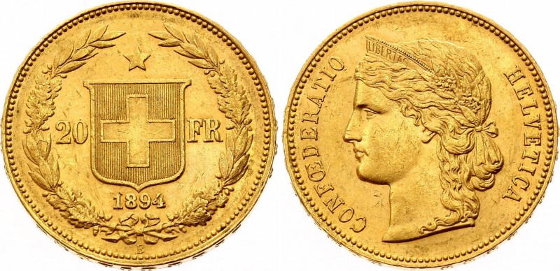 Switzerland 20 Francs 1894 B
KM# 31.3; Gold (.900) 6.45 g. Mintage 121,000 AUNC