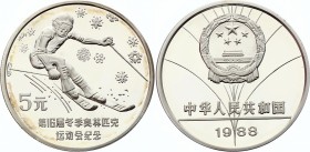 China 5 Yuan 1988
KM# 201; Silver Proof; Olympics, Downhill Skiing