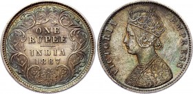 British India 1 Rupee 1887
KM# 492; Silver; Inverted B; Type C Bust; Type I Reverse. Rainbow. Previous coin stuck - highly visible portrait.