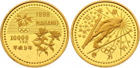 Japan 10000 Yen 1998
Y# 116; 1998 Nagano Winter Olympics - Ski Jumping. Gold (.999), 15.6g. Mintage 55000. Proof.