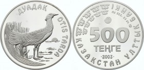 Kazakhstan 500 Tenge 2003
KM# 53; Silver Proof; Red Book Animals Series – Great Bustard bird; With Origanal Box & Certificate