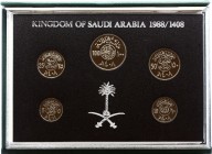 Saudi Arabia Set 5 Proof Coins 1988 AH 1408 PROOF Rare!
KM# PS1,; 1 2 Qirsh 1/4 1/2 1 Riyal 1988 AH 1408; Proof; With Leather Box & Certificate