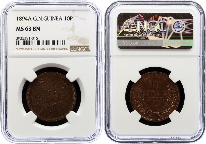 German New Guinea 10 Pfennig 1894 A NGC MS63
KM# 3; J. N703; Copper. Very beaut...