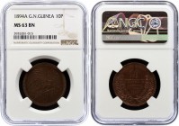 German New Guinea 10 Pfennig 1894 A NGC MS63
KM# 3; J. N703; Copper. Very beautiful RED lustrous reverse - very rare for coin of this type! Excellent...
