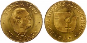 Tonga 20 Paanga 1980
KM# 65; Gold (0.917) 0,8g; Mintage 8.000; UNC