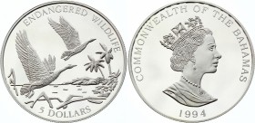 Bahamas 5 Dollars 1994
KM# 172; Silver Proof; Endangered Wildlife - Black-billed Whistling Duck