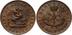Canada Half Penny 1857
KM# Tn2; 7.83g 27mm; Bank of Upper Canada; Heaton Mint; UNC Rare Condition