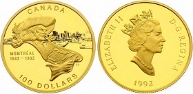 Canada 100 Dollars 1992
KM# 211; 350th anniversary of Montreal. Gold (.583), 13.3375g. Mintage 28000. Proof.