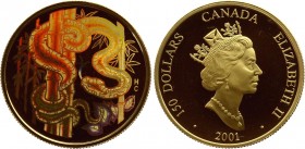 Canada 150 Dollars 2001
KM# 417; Year of the Snake. Gold (.750), 11.84g. Mintage 6571. Proof. Hologram.