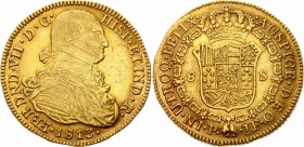 Colombia 8 Escudos 1813 P JF
KM# 66.2; Gold (.875), 27g. Nice patina, rare. AUNC