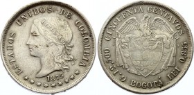 Colombia 50 Centavos 1875
KM# 177.1; Silver; VF+