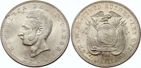 Ecuador 5 Sucres 1944 Mo
KM# 79; Silver; Amazing Condition!
