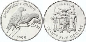 Jamaica 25 Dollars 1995
KM# 174; Silver Proof; Endangered Wildlife - Two Parrots