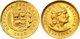 Peru 1/5 Libra 1928
KM# 209; Gold (.917), 1.6g. Mintage 9322. AUNC