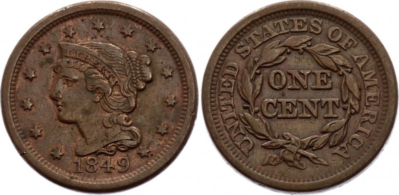 United States 1 Cent 1849
KM# 67; "Liberty Head/Braided Hair Cent"; XF Mint Lus...