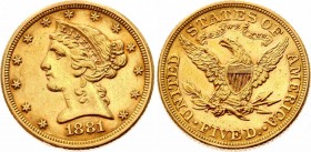 United States 5 Dollars 1881
KM# 101; Liberty / Coronet Head. Gold (.900), 8.36g. AUNC