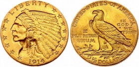 United States 2 1/2 Dollars 1914 D
KM# 128; Indian Head - Quarter Eagle. Gold (.900), 4.18g. AUNC