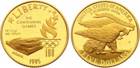 United States 5 Dollars 1995 W
KM# 265; XXVI Atlanta Olympics Stadium. Gold (.900), 8.359g. Mintage 43124. Proof.