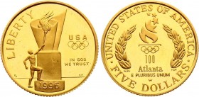 United States 5 Dollars 1996 W
KM# 270; XXVI Atlanta Olympics Flame. Gold (.900), 8.359g. Mintage 38555. Proof.