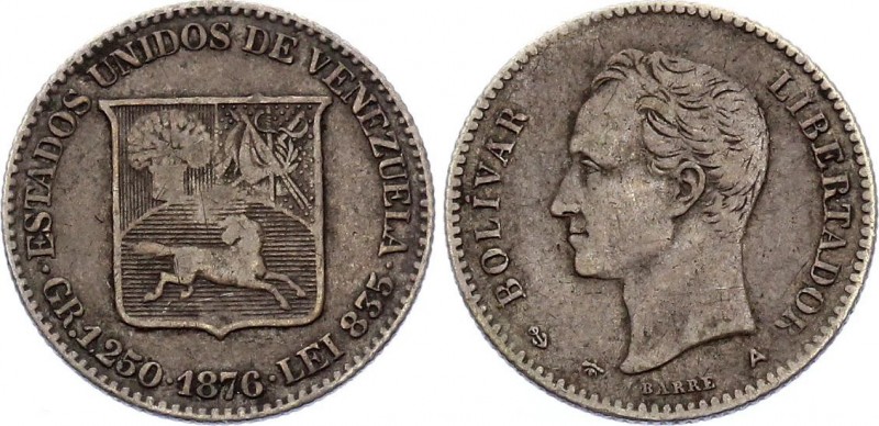 Venezuela 5 Centavos 1876
KM# 12.1; Silver; VF+